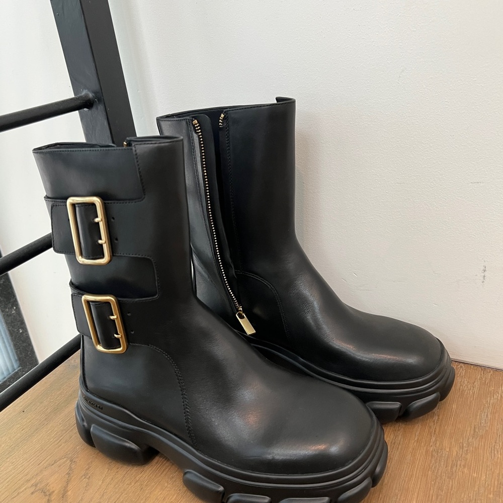 Black Leather Ankle Boots with Gold Buckles